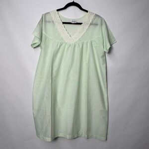 Carole Vintage Mint Green Lace Trim V-Neck Nightgown Short Sleeve Cotton Blend M